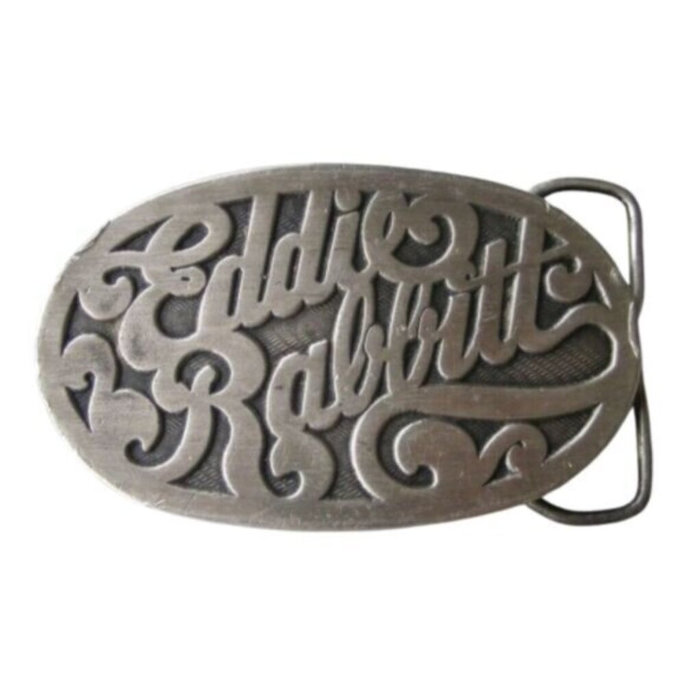 EDDIE RABBIT Beltbuckle, 3.5 x 2, Electra, Prong, Vintage, Silver, Carved, 80s